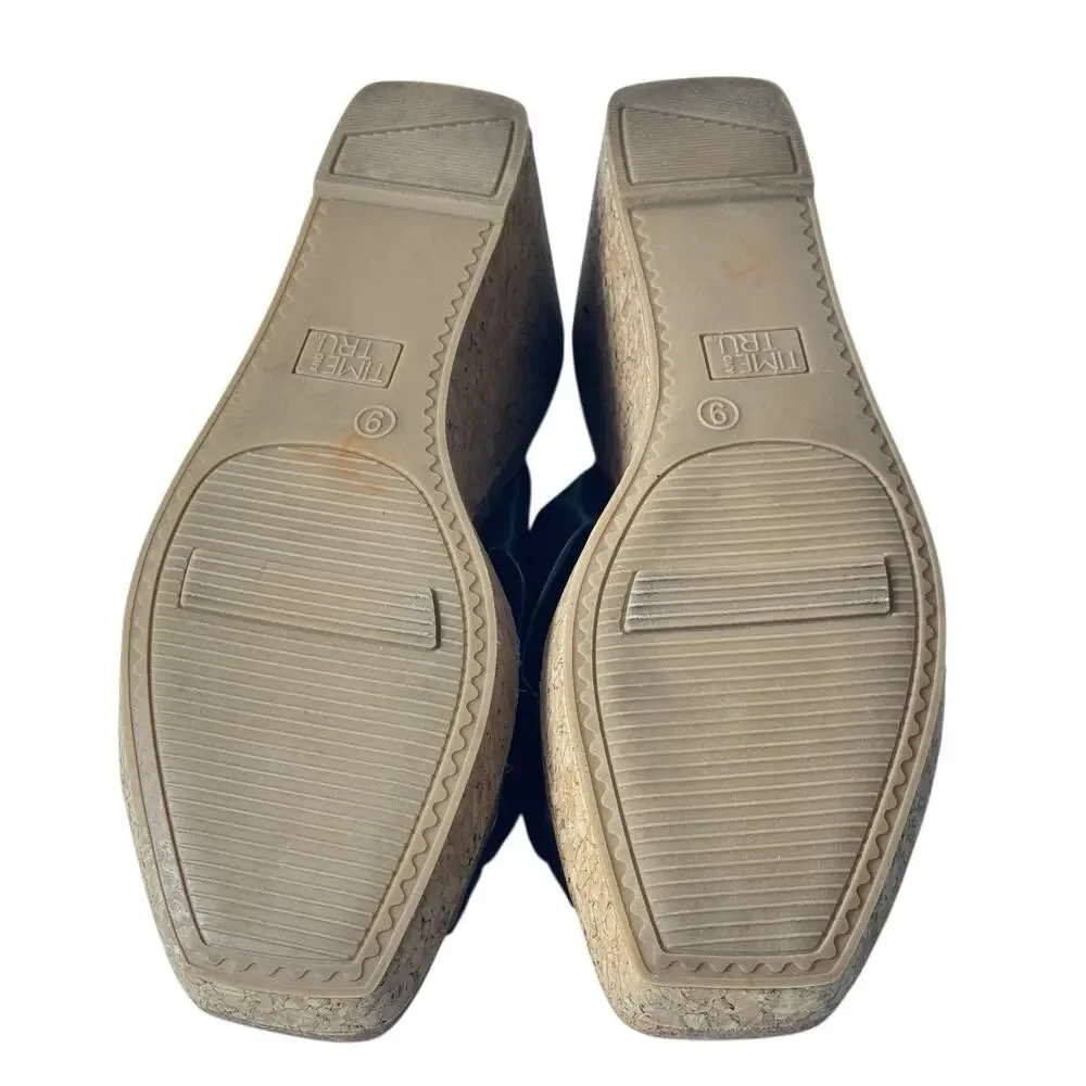 Cork Wedge Slide Sandals Twist Knot Platform W9 Black Minimalist